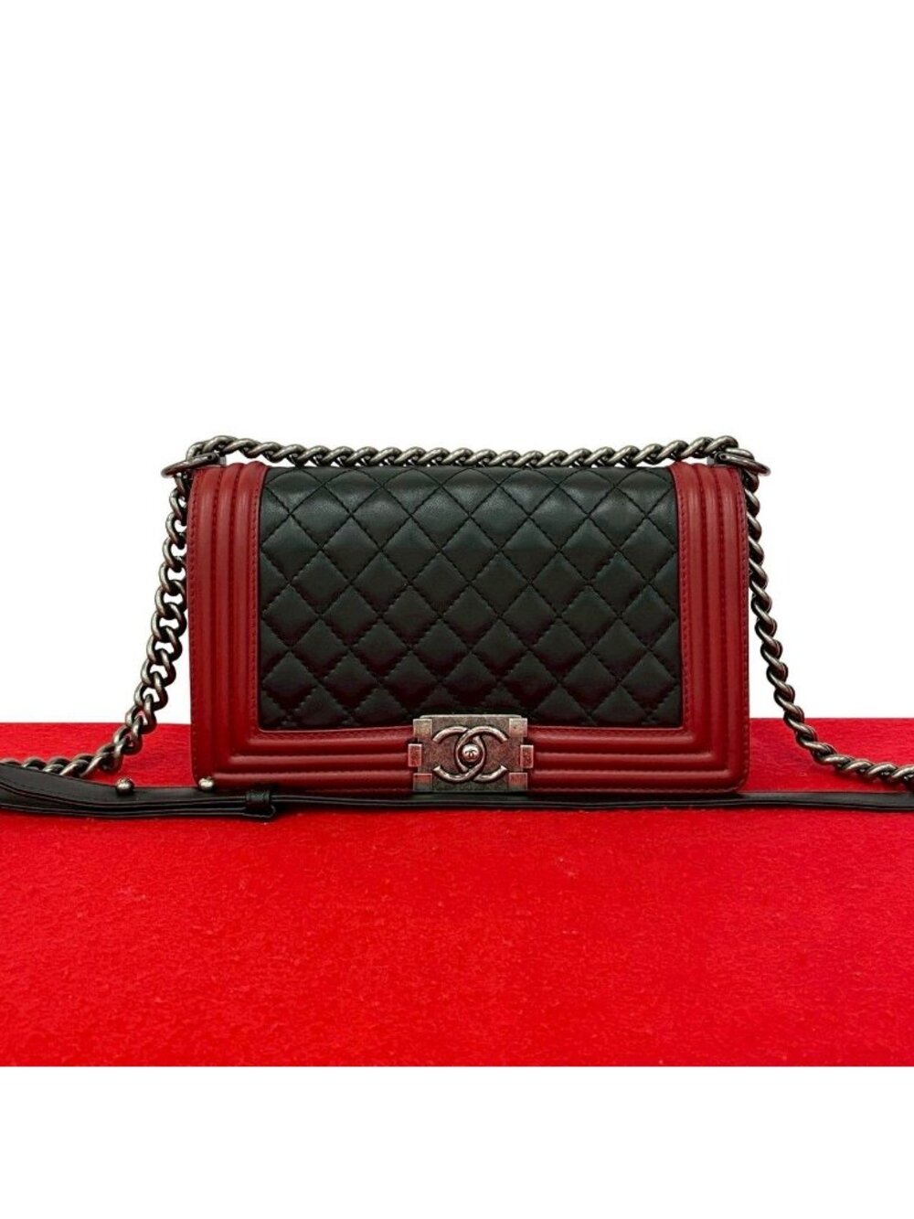 Chanel Boy CC Logo Lambskin Leather Chain Shoulder Bag Black